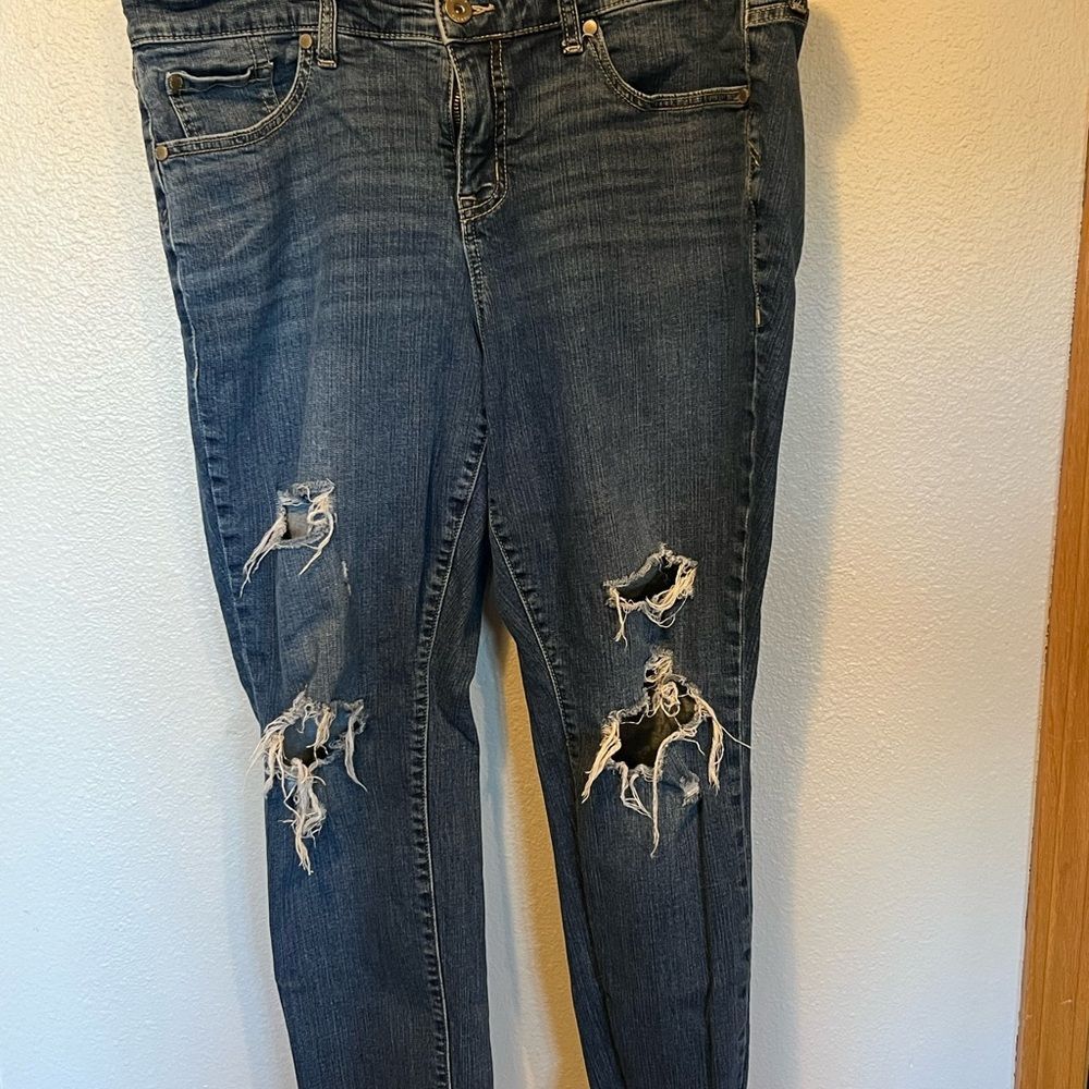 TORRID: Distressed Dark Blue Skinny Jeans